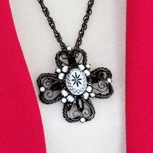 Vintage D and E Juliana Black and White Milk Glass Cross Pin Pendant Necklace